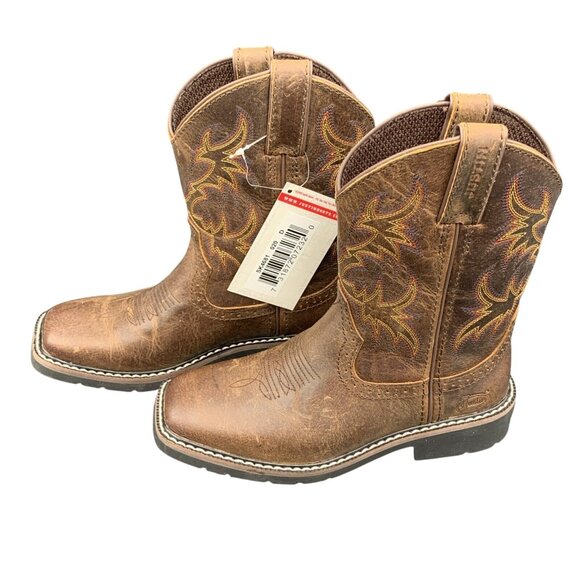 Justin Western Boots Kids 2D Cowboy Rugged Brown Tan Buffalo Leather J-Flex - Picture 1 of 8
